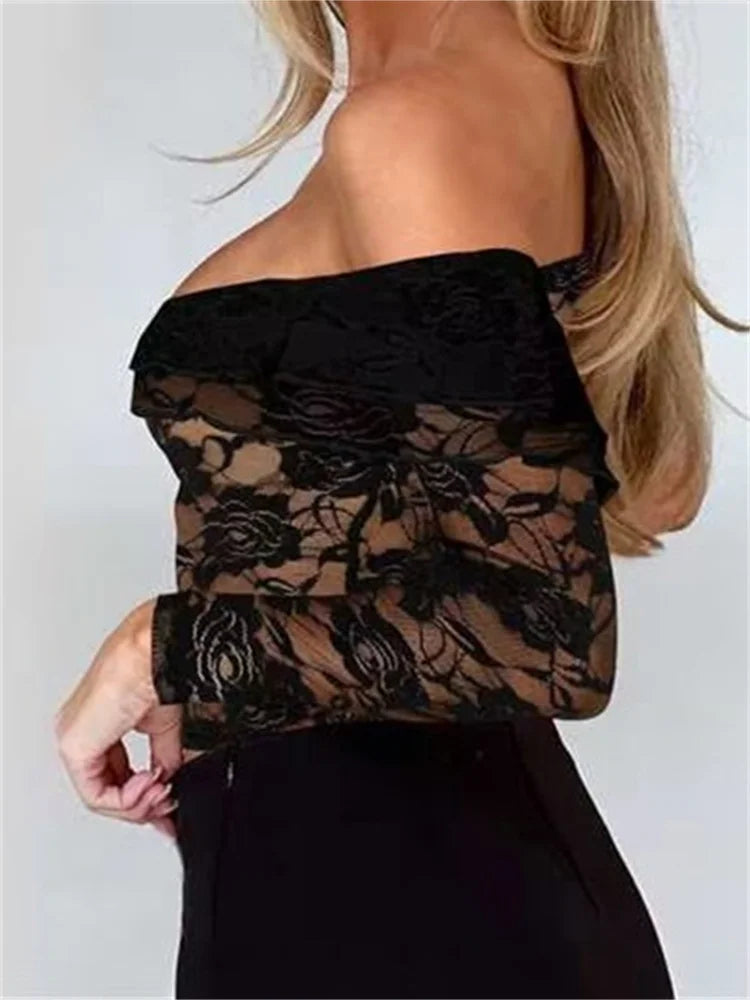 Long Sleeve Off-shoulder See-through Lace Slim Fit Mesh Push Up T-shirts