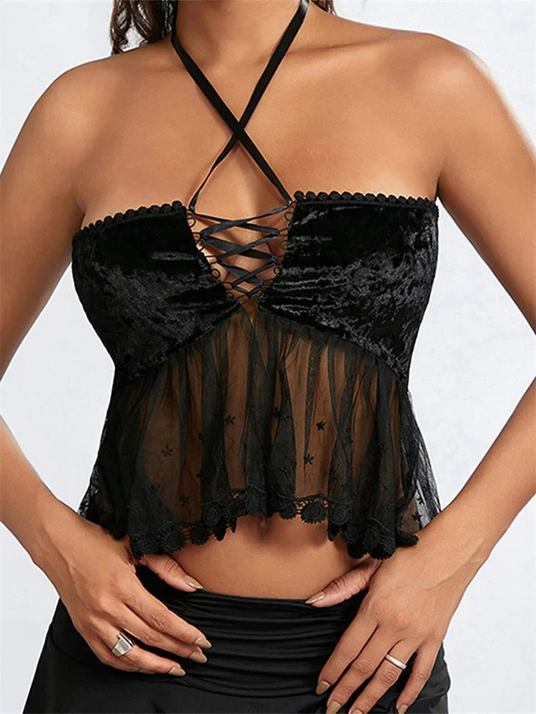 Mesh Patchwork Criss-Cross Tie-Up Halter Backless Vest Summer Sleeveless Cropped Clubwear Crop Top