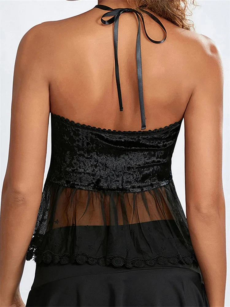 Mesh Patchwork Criss-Cross Tie-Up Halter Backless Vest Summer Sleeveless Cropped Clubwear Crop Top