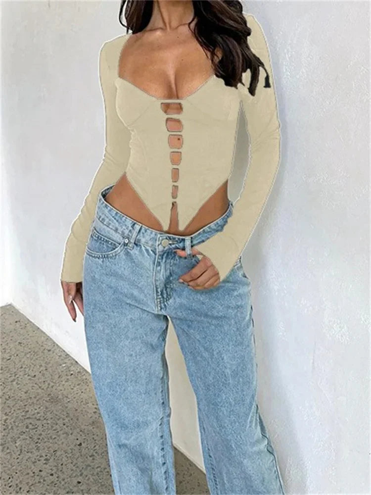 V-neck Low Cut Front Hollow Out Long Sleeve Slim Fit Solid Irregular Hem T-shirts
