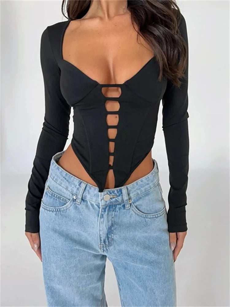 V-neck Low Cut Front Hollow Out Long Sleeve Slim Fit Solid Irregular Hem T-shirts