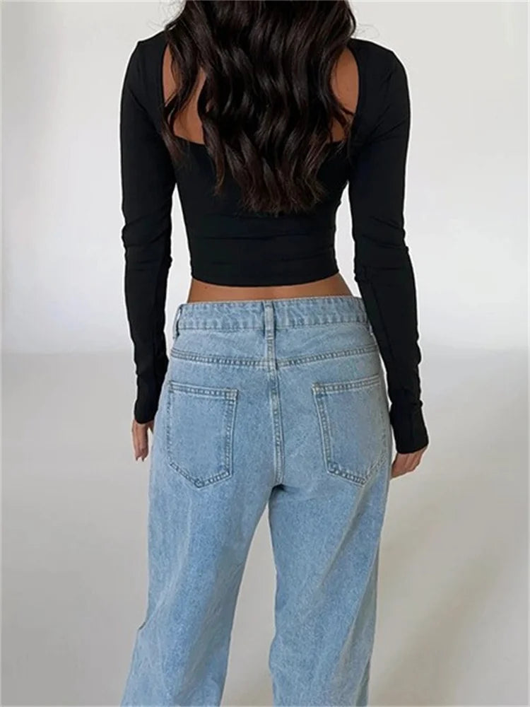 V-neck Low Cut Front Hollow Out Long Sleeve Slim Fit Solid Irregular Hem T-shirts