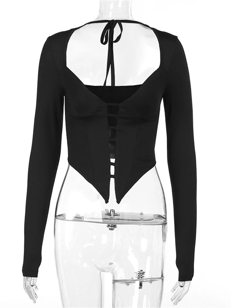 V-neck Low Cut Front Hollow Out Long Sleeve Slim Fit Solid Irregular Hem T-shirts