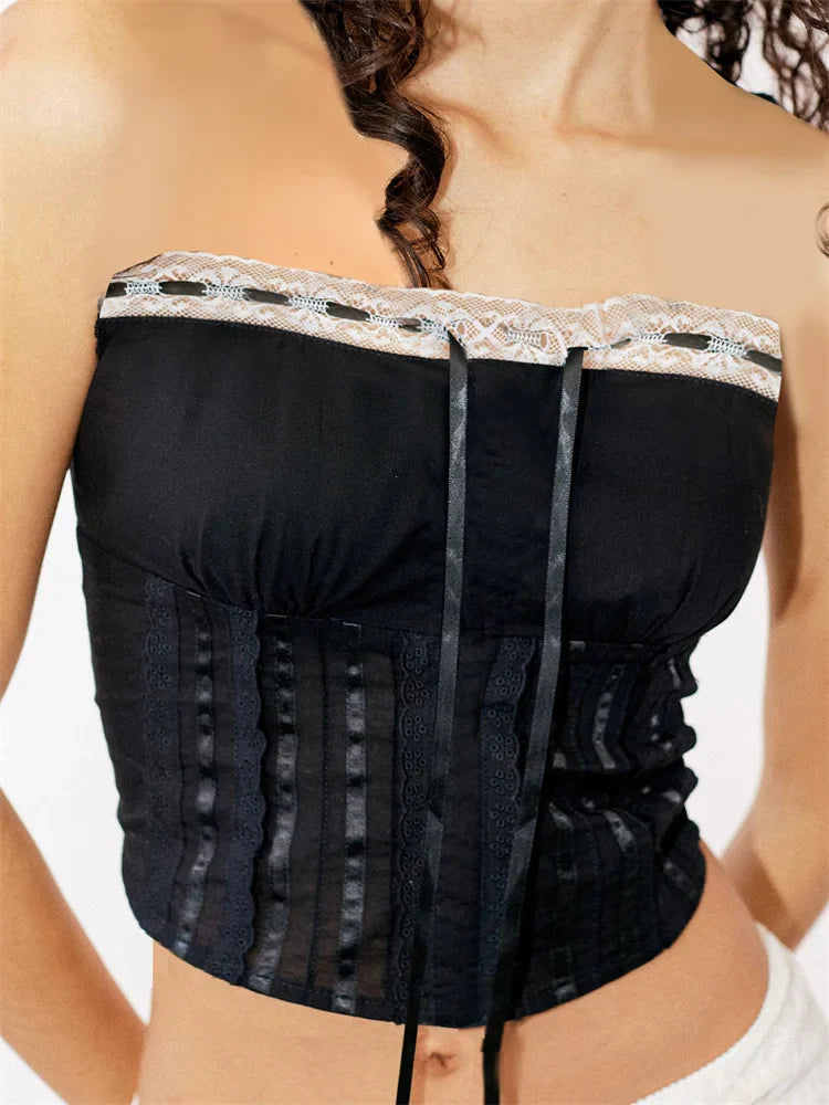 Tube for Strapless Off Shoulder Y2K Fairy Grunge Sleeveless Summer Lace-up Mini Vest Streetwear Crop Top