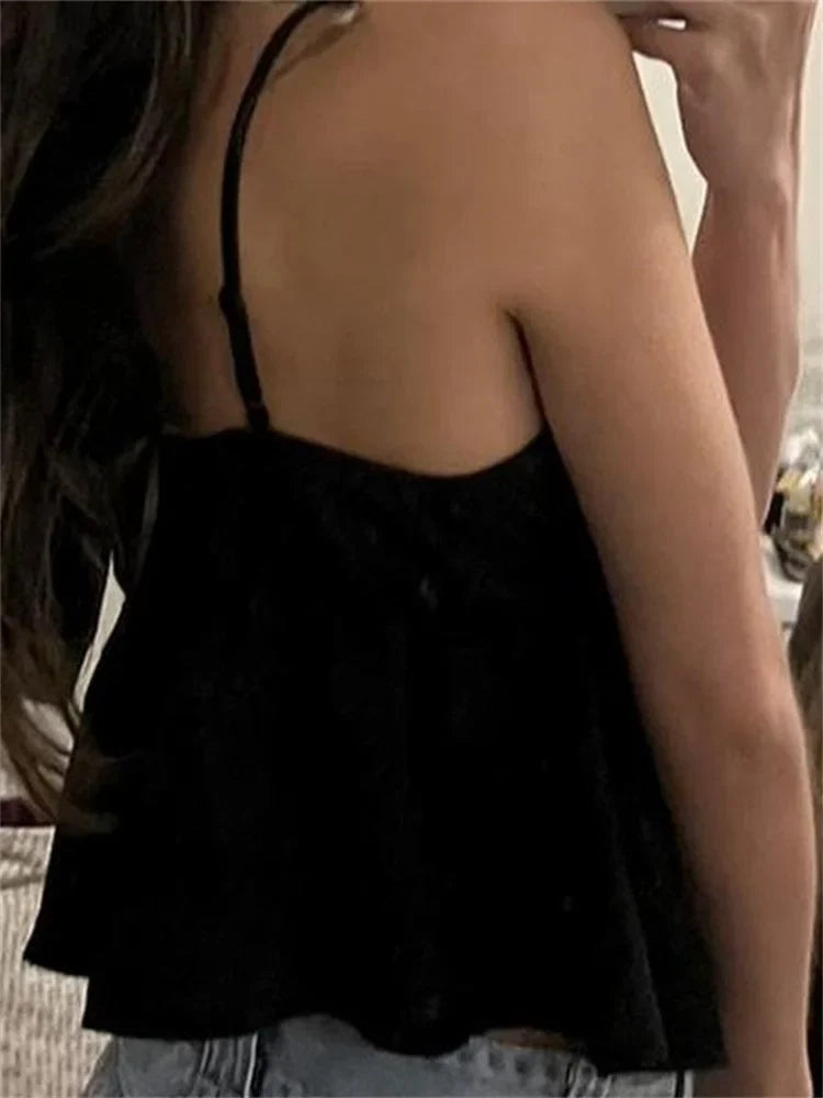 Vintage Lace Patchwork Deep V-neck for Sleeveless Strap Front Split Y2K Black Lace-up Mini Vest Crop Top