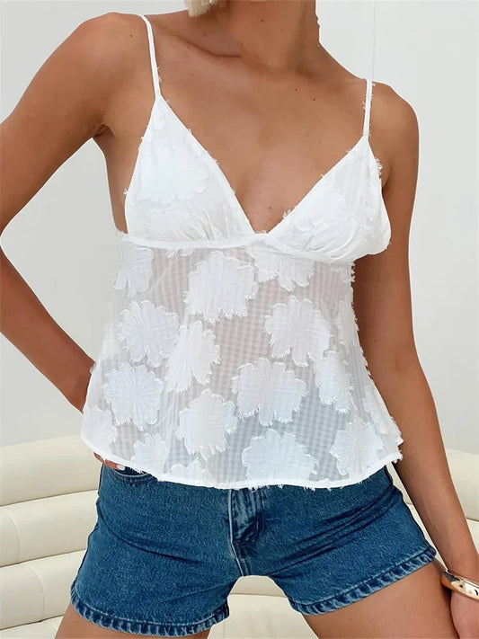 Vintage Sleeveless Strap V-neck Lace Floral White Solid Color Summer Party Beach Vest Crop Top