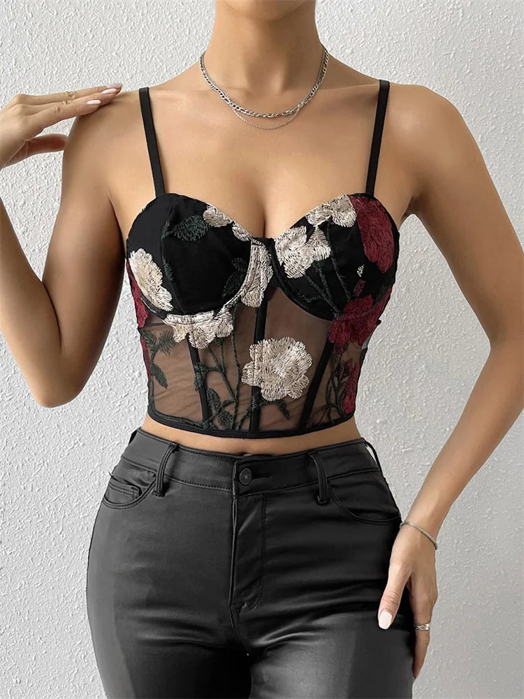 Embroidery Floral Bustiers Spaghetti Strap Mesh Sheer Corsets Party Club Mini Vest Crop Top