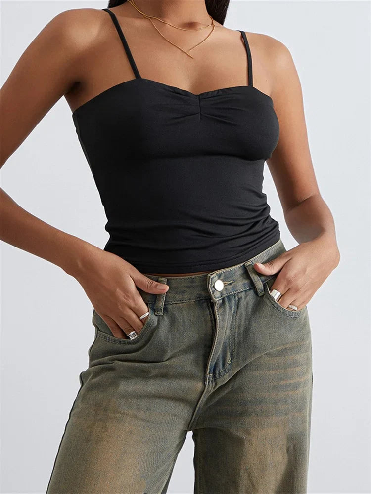 Vintage Front Ruched Sleeveless Strap Backless Solid Slim Fit Summer Mini Vest for Party Club Tanks Crop Top