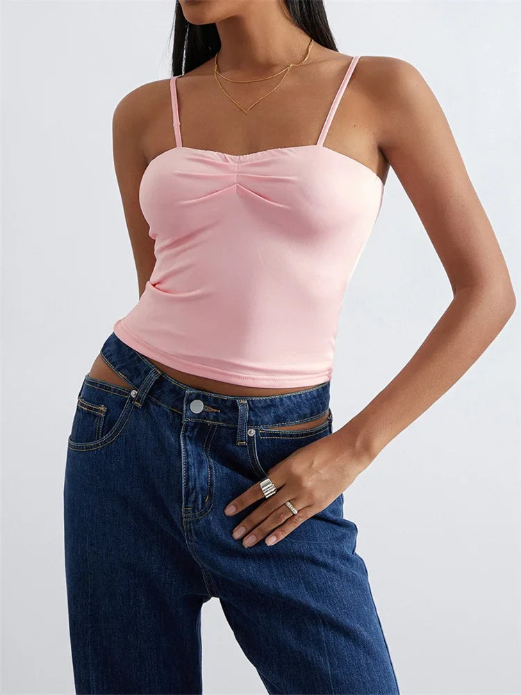 Vintage Front Ruched Sleeveless Strap Backless Solid Slim Fit Summer Mini Vest for Party Club Tanks Crop Top