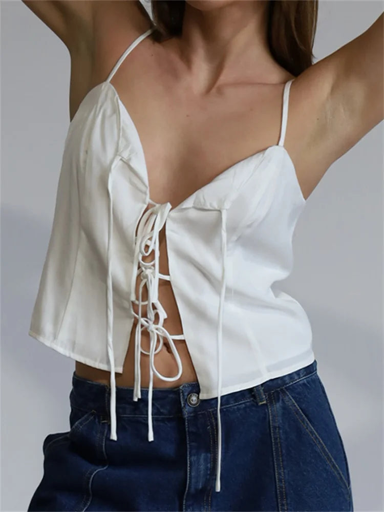 Vintage Front Split Tie-up Fashion Sleeveless Strap V Neck Summer Party Low Cut Mini Vest Club Crop Top