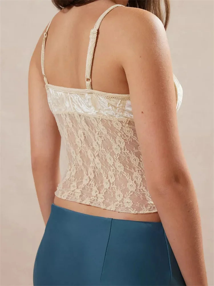 Vintage Lace Mesh See Through Summer Strap Front Bow Patchwork Square Neck Mini Vest Crop Top