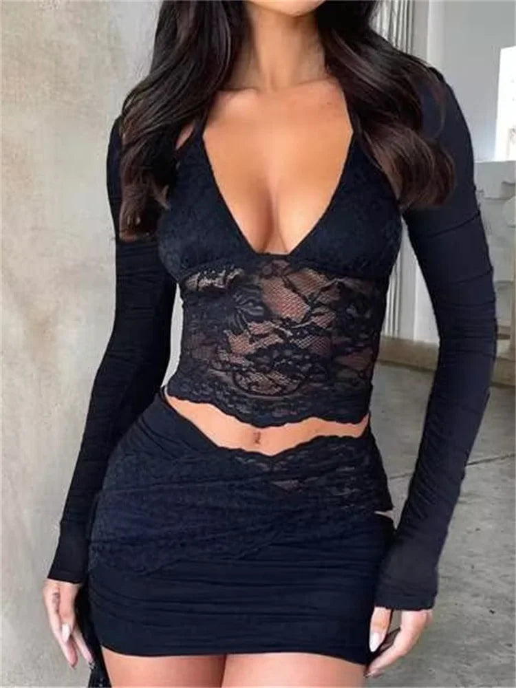 Vintage Lace Patchwork Halter Lace-up with Mesh See Through Long Sleeve Shrugs Streetwear Crop Top