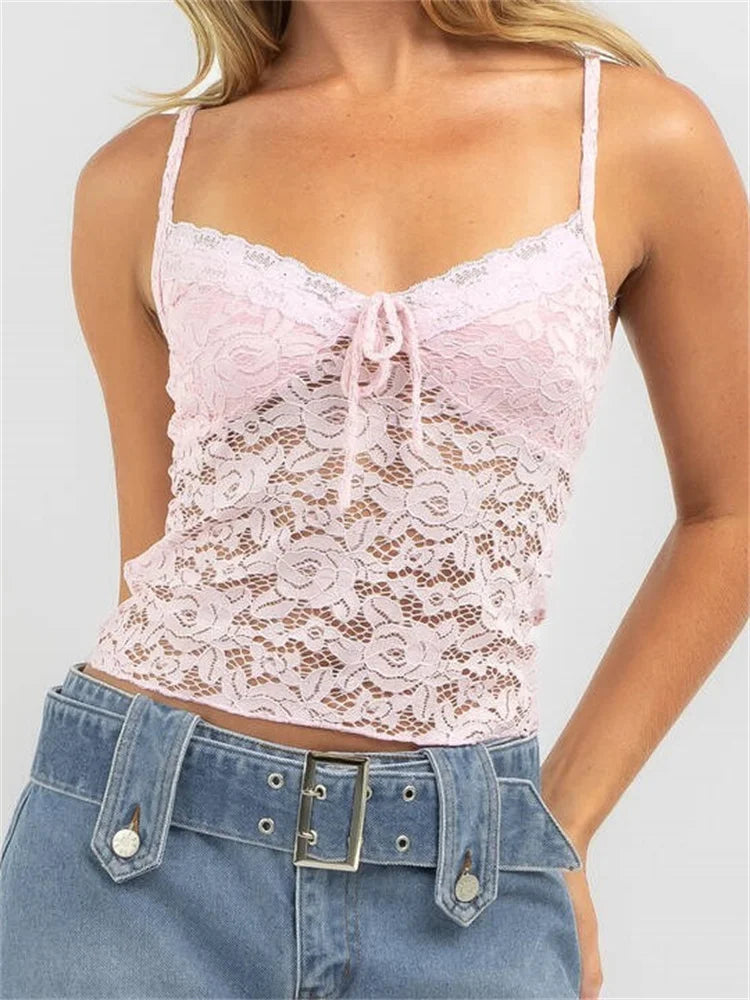 Vintage Lace Spaghetti Strap Sleeveless Backless V-neck Mini Party Streetwear Crop Top