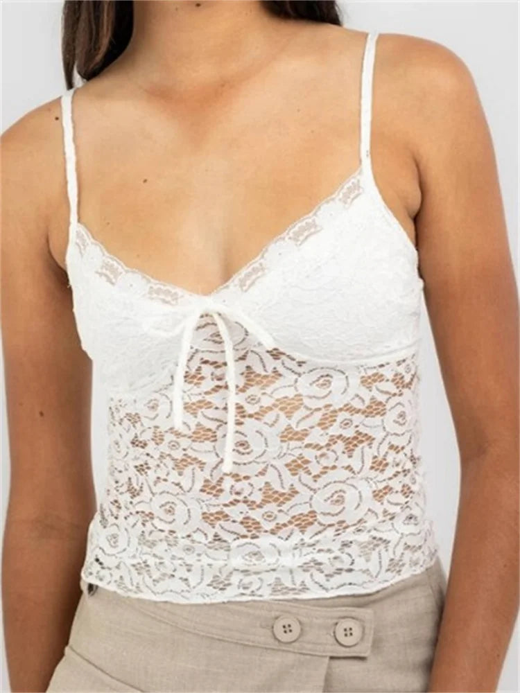 Vintage Lace Spaghetti Strap Sleeveless Backless V-neck Mini Party Streetwear Crop Top