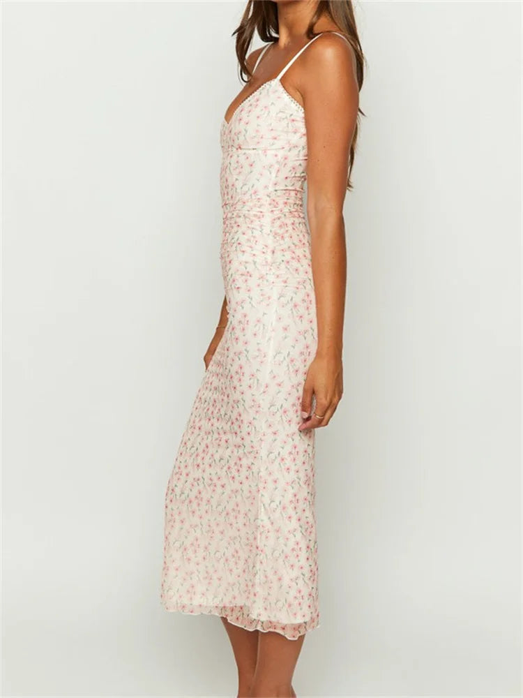 Vintage Floral Print Sleeveless Strap Summer Slim Fit V-Neck Midi Dress