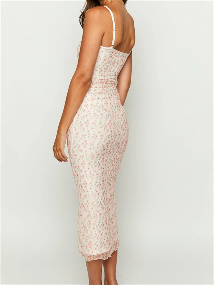 Vintage Floral Print Sleeveless Strap Summer Slim Fit V-Neck Midi Dress