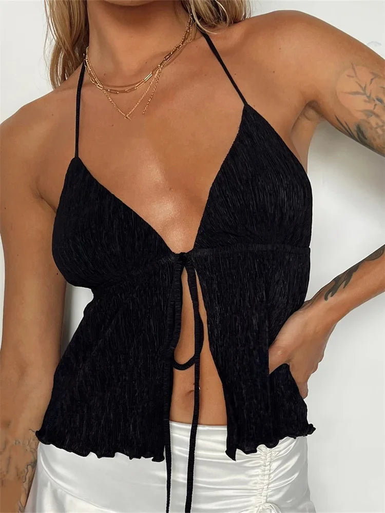 Backless Halter Tie-up Cute Mini Vest Sleeveless Deep V-neck Off Shoulder Streetwear Crop Top