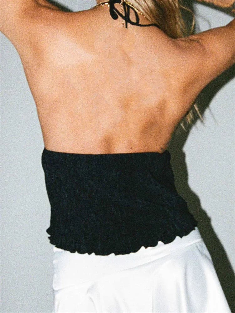 Backless Halter Tie-up Cute Mini Vest Sleeveless Deep V-neck Off Shoulder Streetwear Crop Top