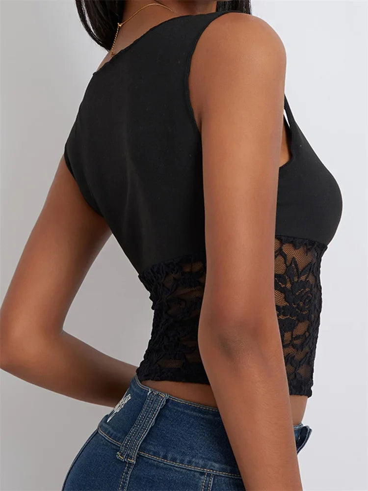 Camisole Sleeveless Cropped Square Neck Lace Patchwork Slim Fit Summer Vest for Party Club Streetwear Crop Top