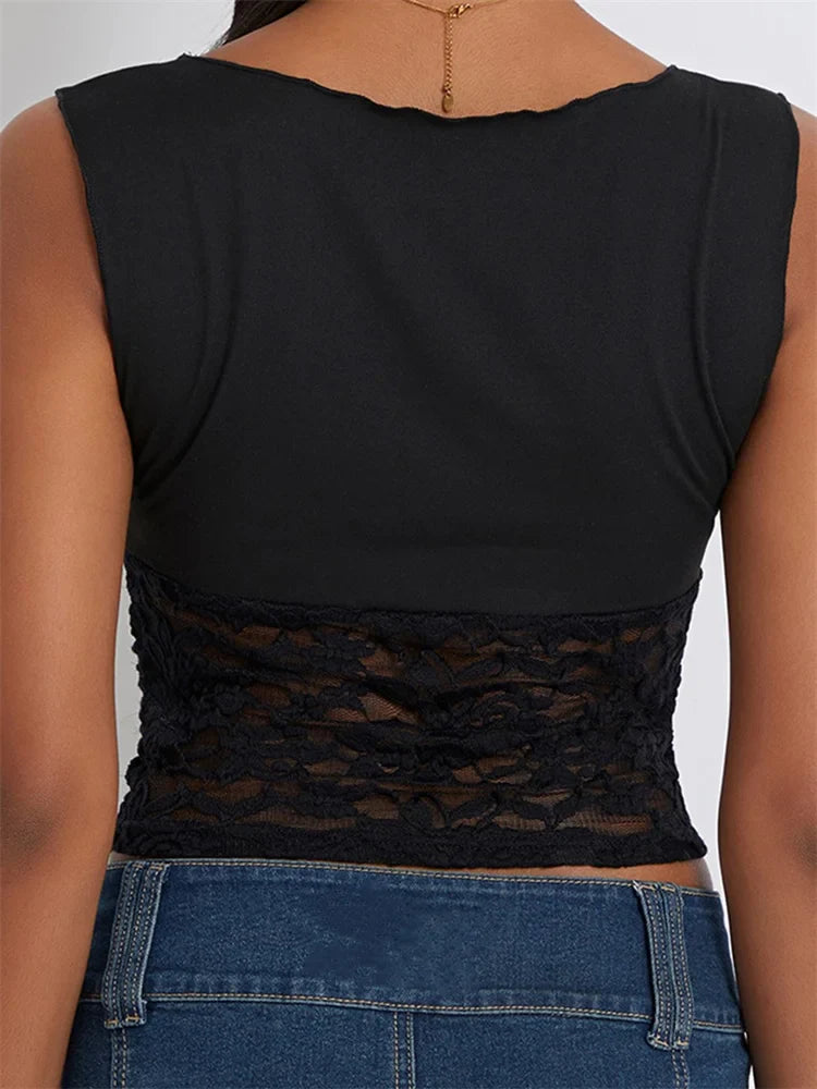 Camisole Sleeveless Cropped Square Neck Lace Patchwork Slim Fit Summer Vest for Party Club Streetwear Crop Top