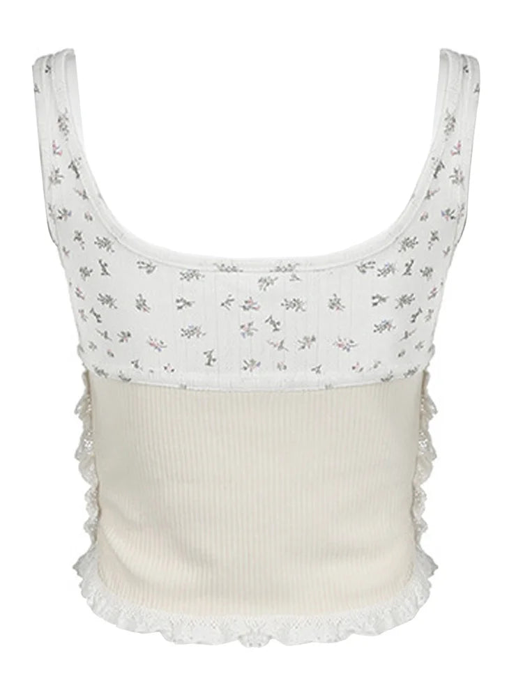 Floral Print Lace Patchwork Summer Backless Basic Mini Vest Sleeveless for Streetwear Crop Top