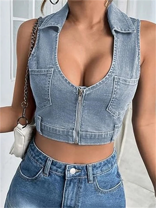 Cropped Sleeveless V-neck Turn-down Collar Front Zip Up Denim Mini Vest Summer Party Streetwear Crop Top