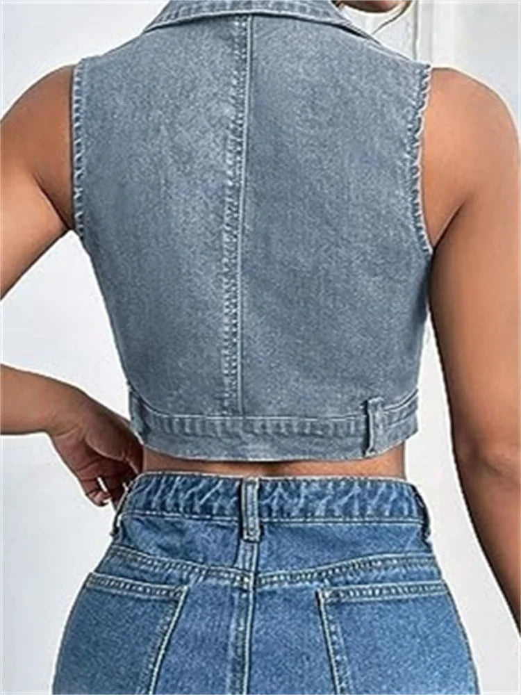 Cropped Sleeveless V-neck Turn-down Collar Front Zip Up Denim Mini Vest Summer Party Streetwear Crop Top
