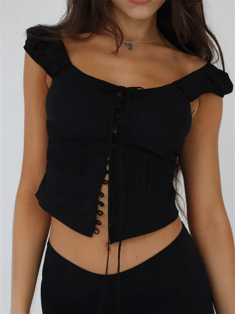 Elegant Ruched Sleeveless Spaghetti Strap Button Tie-up Slim Fit Vintage Backless Top Summer Clothes Crop Top