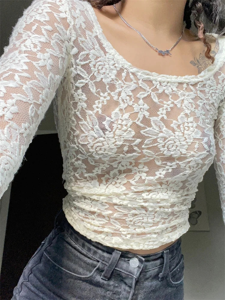 Fairy Grunge Vintage Kawaii Lace Mesh See Through White T-shirts