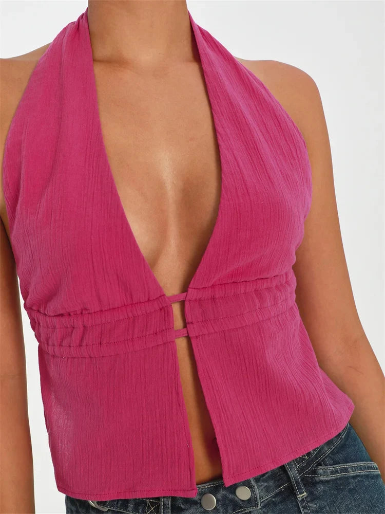 Front Split Low Cut Halter Sleeveless Backless Off Shoulder Lace-up Mini Vest Streetwear Crop Top