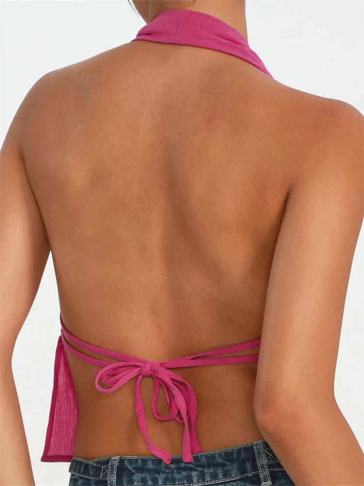 Front Split Low Cut Halter Sleeveless Backless Off Shoulder Lace-up Mini Vest Streetwear Crop Top