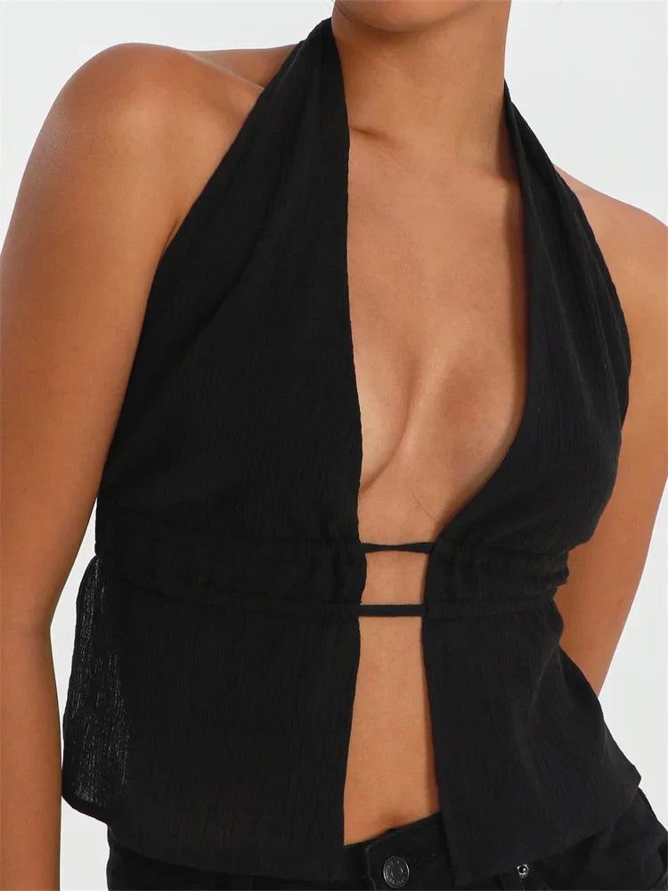 Front Split Low Cut Halter Sleeveless Backless Off Shoulder Lace-up Mini Vest Streetwear Crop Top