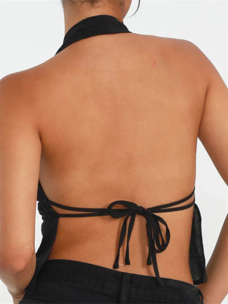 Front Split Low Cut Halter Sleeveless Backless Off Shoulder Lace-up Mini Vest Streetwear Crop Top