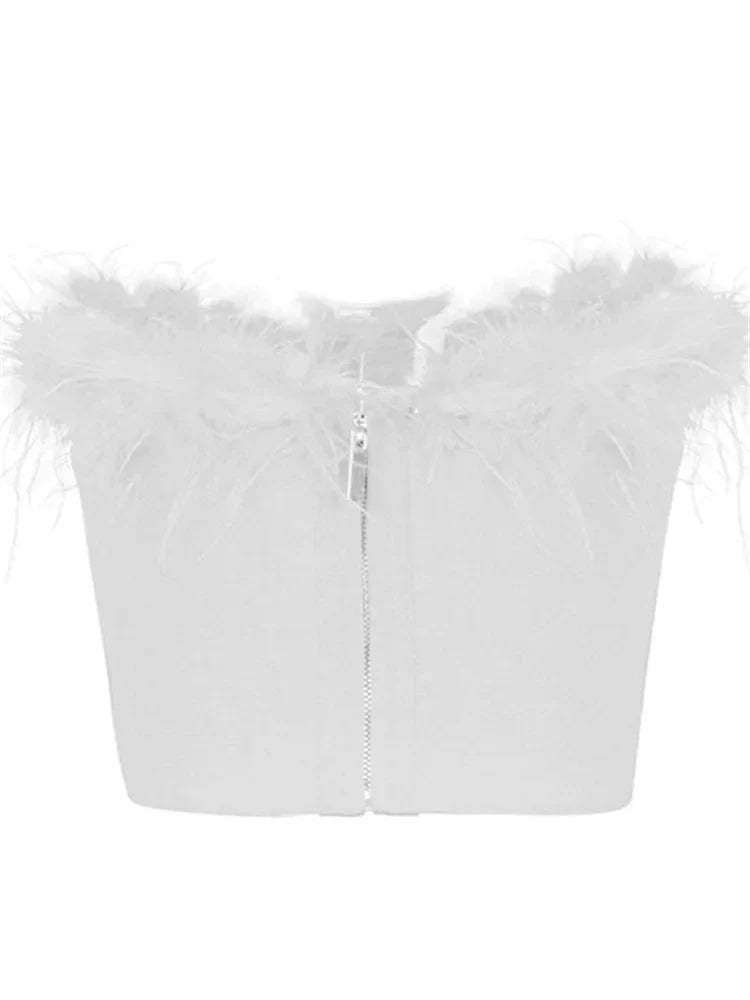 Fur Feather Patchwork Tube New Summer Strapless Off Shoulder Backless Back Zip Up Slim Vest Crop Top
