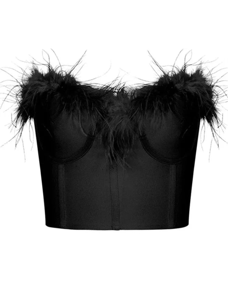 Fur Feather Patchwork Tube New Summer Strapless Off Shoulder Backless Back Zip Up Slim Vest Crop Top