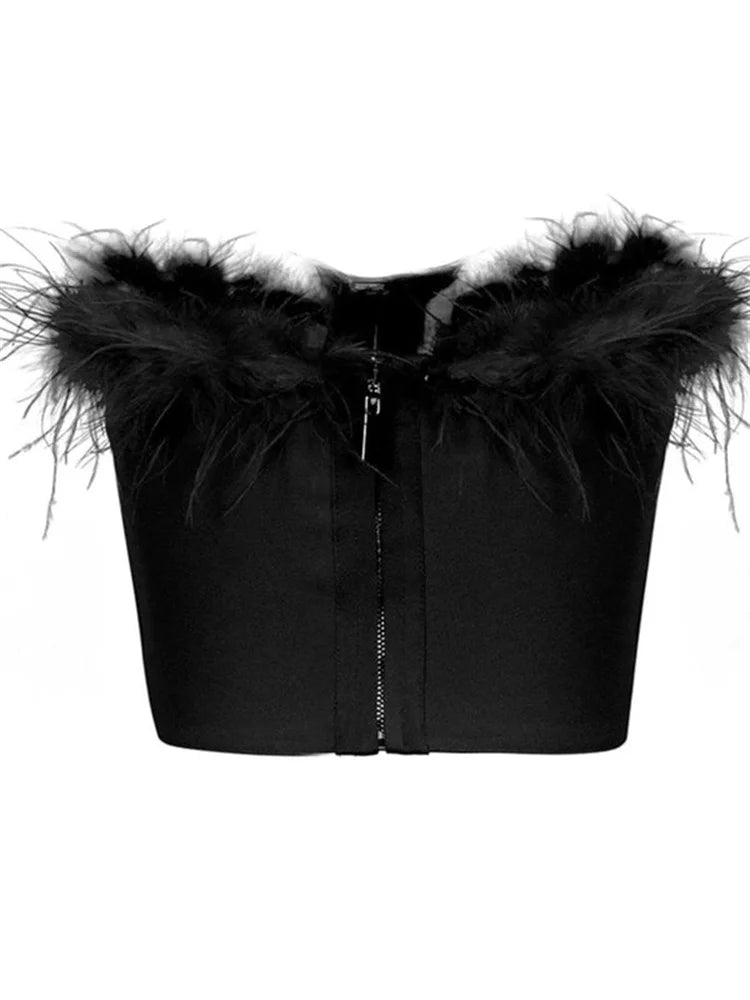 Fur Feather Patchwork Tube New Summer Strapless Off Shoulder Backless Back Zip Up Slim Vest Crop Top