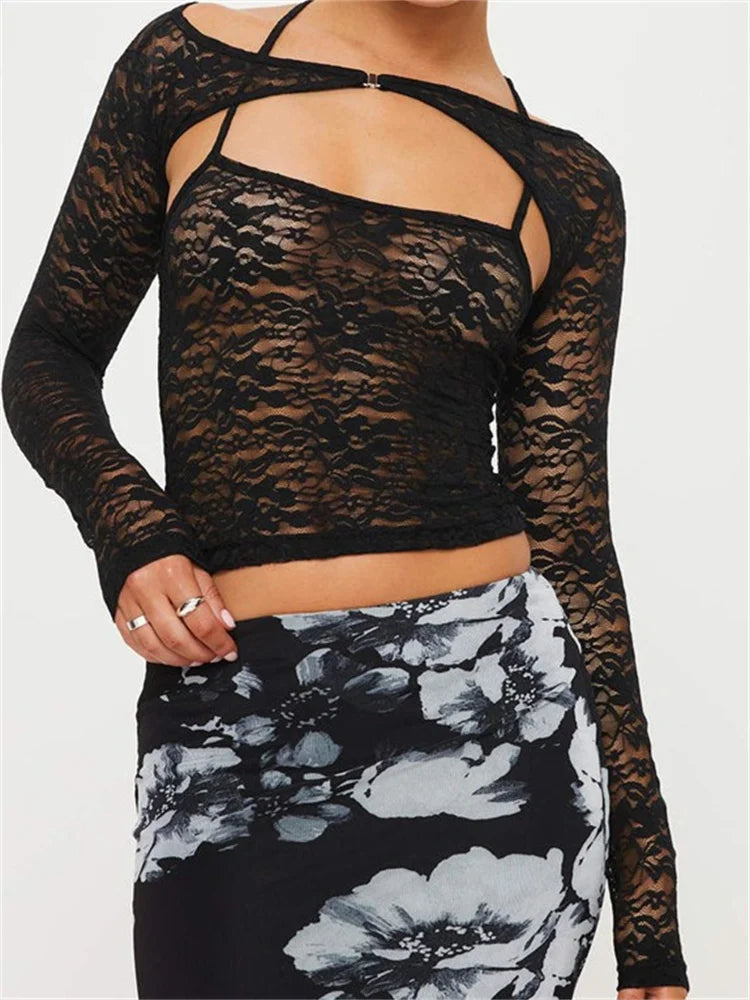 Lace Spaghetti Strap Sleeveless Backless See Through Mini Vest with Long Sleeve Shrugs New Crop Top