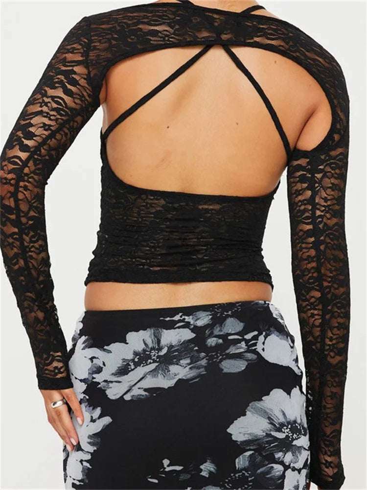 Lace Spaghetti Strap Sleeveless Backless See Through Mini Vest with Long Sleeve Shrugs New Crop Top