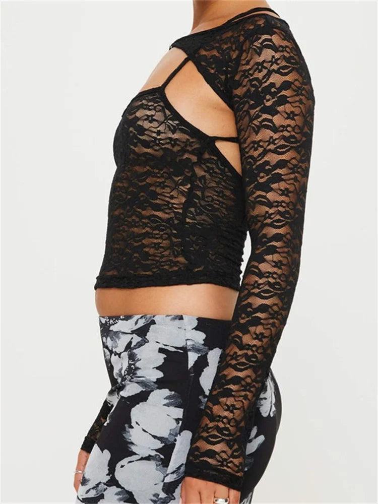 Lace Spaghetti Strap Sleeveless Backless See Through Mini Vest with Long Sleeve Shrugs New Crop Top