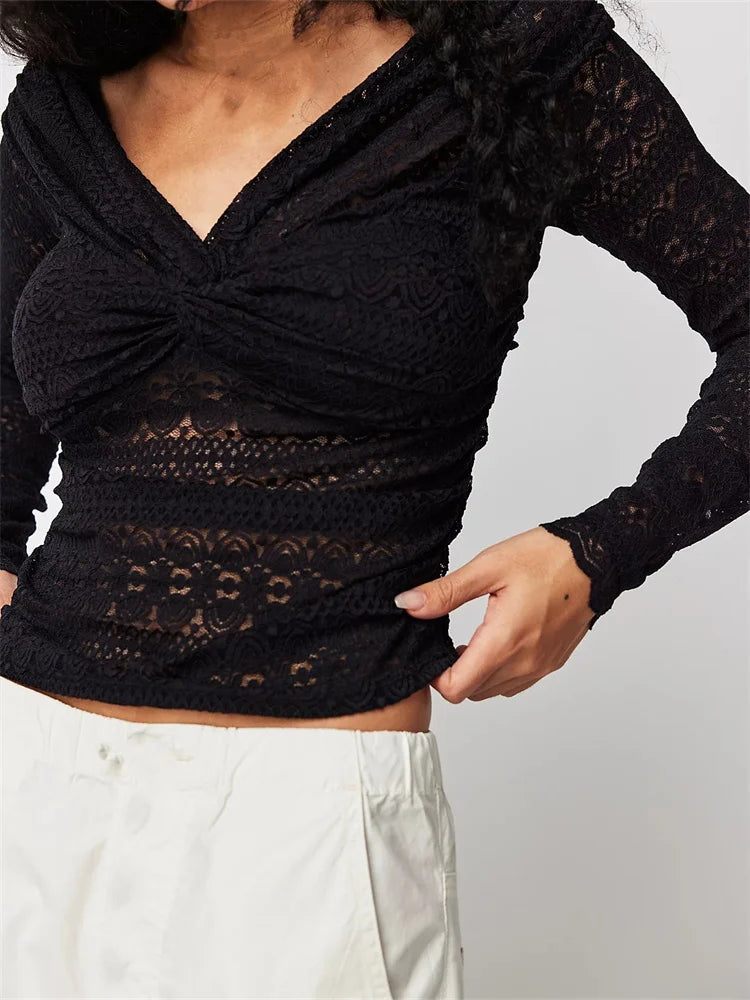 Lace Floral Fairy Grunge V Neck Ruched Solid Color T-shirts