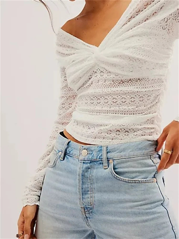 Lace Floral Fairy Grunge V Neck Ruched Solid Color T-shirts