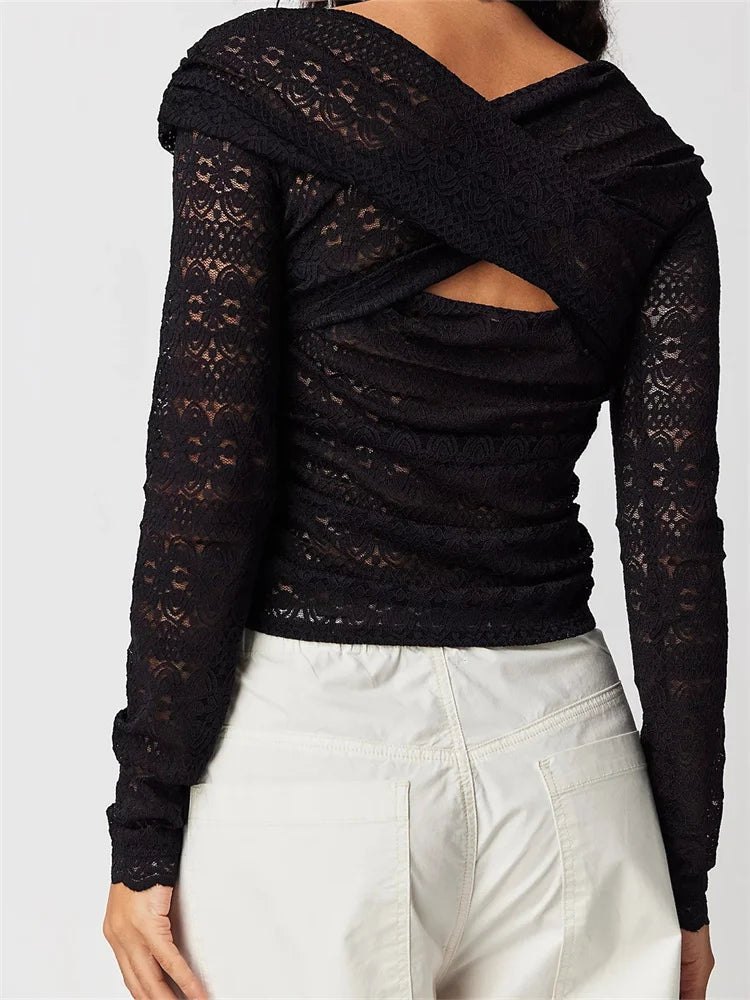 Lace Floral Fairy Grunge V Neck Ruched Solid Color T-shirts