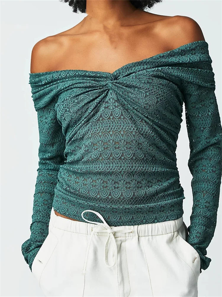 Lace Floral Fairy Grunge V Neck Ruched Solid Color T-shirts