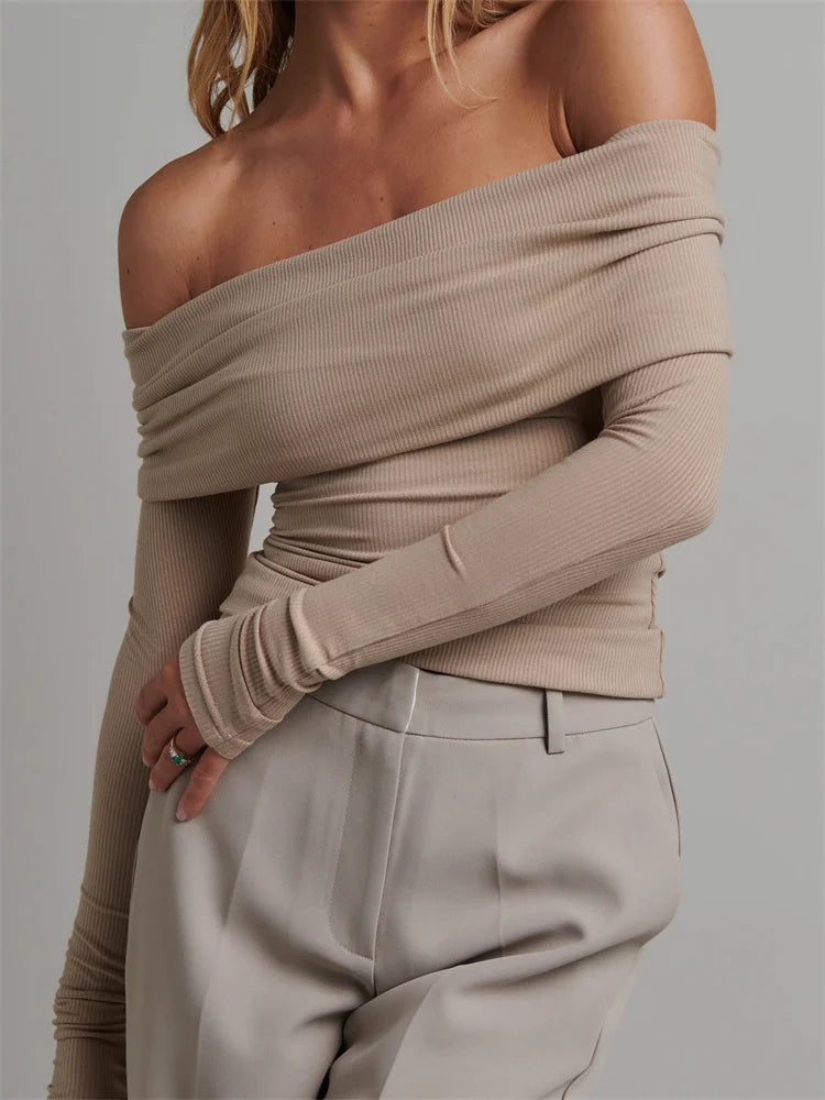 Knitted Ribbed Slash Neck Solid Streetwear T-shirts