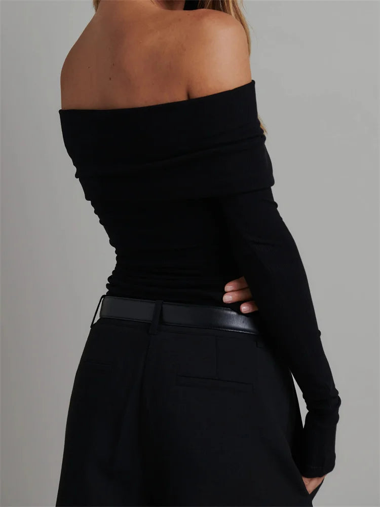 Knitted Ribbed Slash Neck Solid Streetwear T-shirts