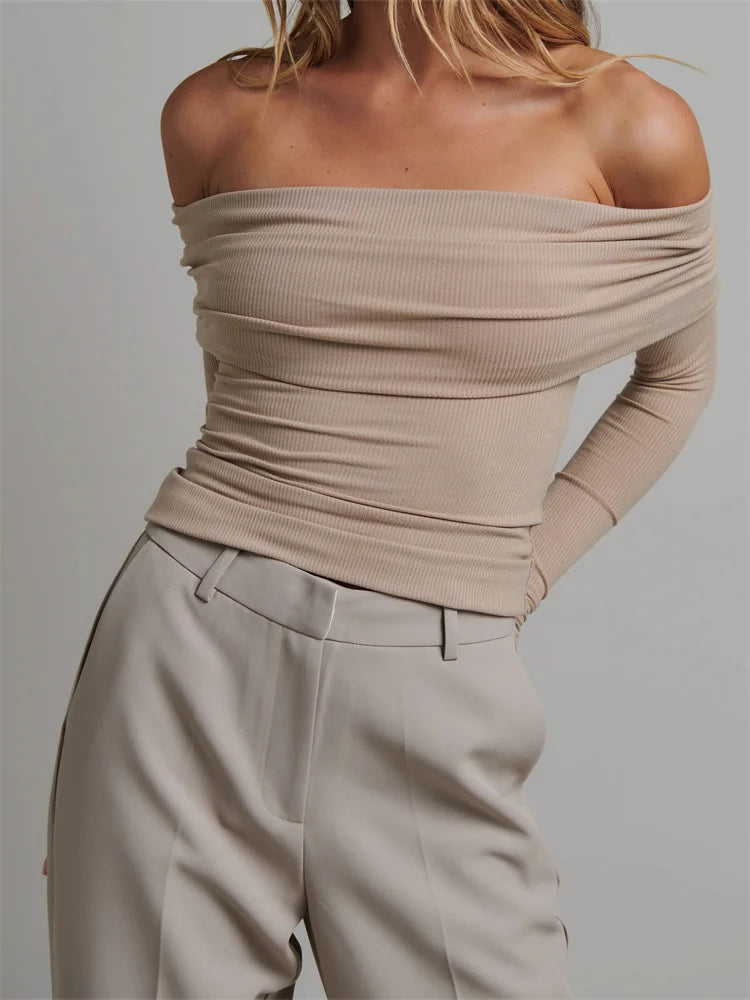 Knitted Ribbed Slash Neck Solid Streetwear T-shirts