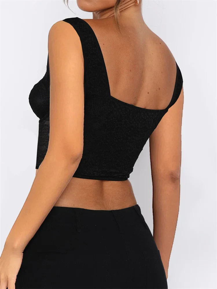 See Through Mesh Sheer Camisoles Lace Slim Fit Low Cut Square Neck Buttons Vest Streetwear Crop Top