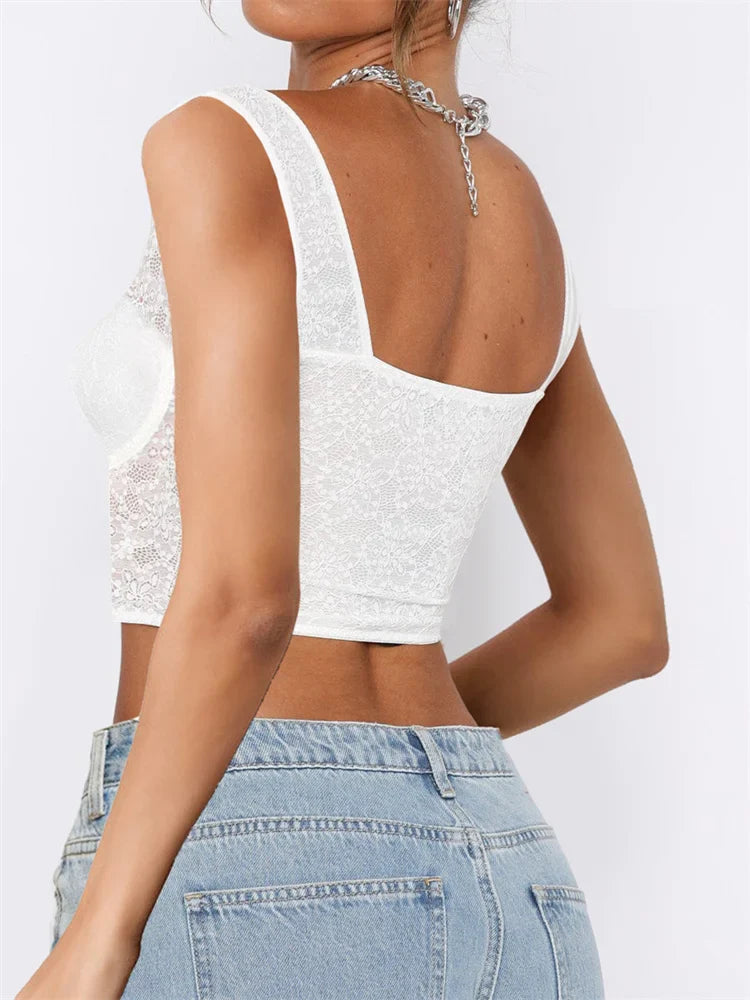 See Through Mesh Sheer Camisoles Lace Slim Fit Low Cut Square Neck Buttons Vest Streetwear Crop Top