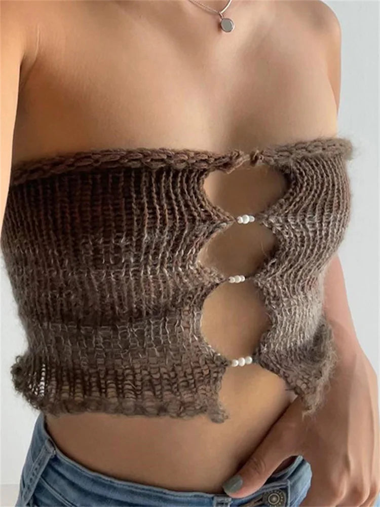 Backless Tube Y2K Hollow Out Knitted Summer Sleeveless Strapless Mini Vest Club Crop Top