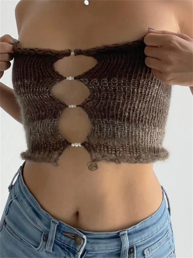 Backless Tube Y2K Hollow Out Knitted Summer Sleeveless Strapless Mini Vest Club Crop Top